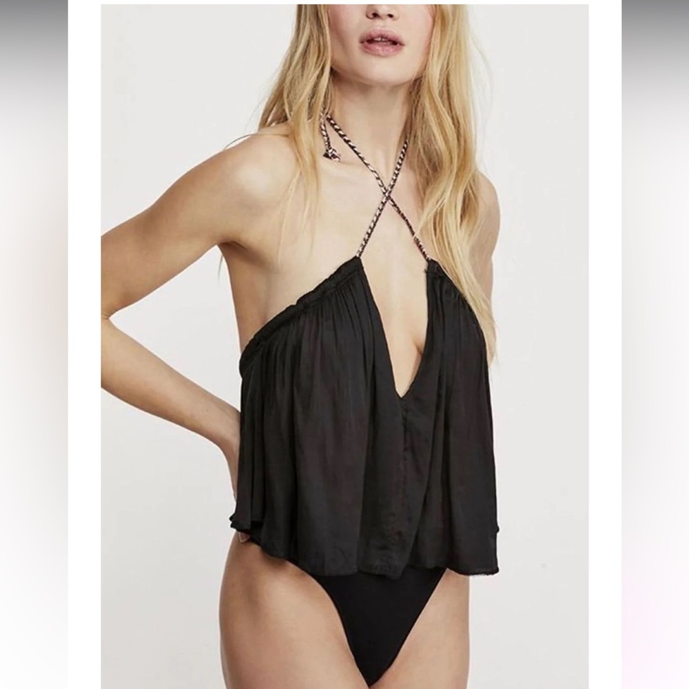 Intimately Free People Callie Bodysuit Black Flowy Halter V Neck Women’s SZ S